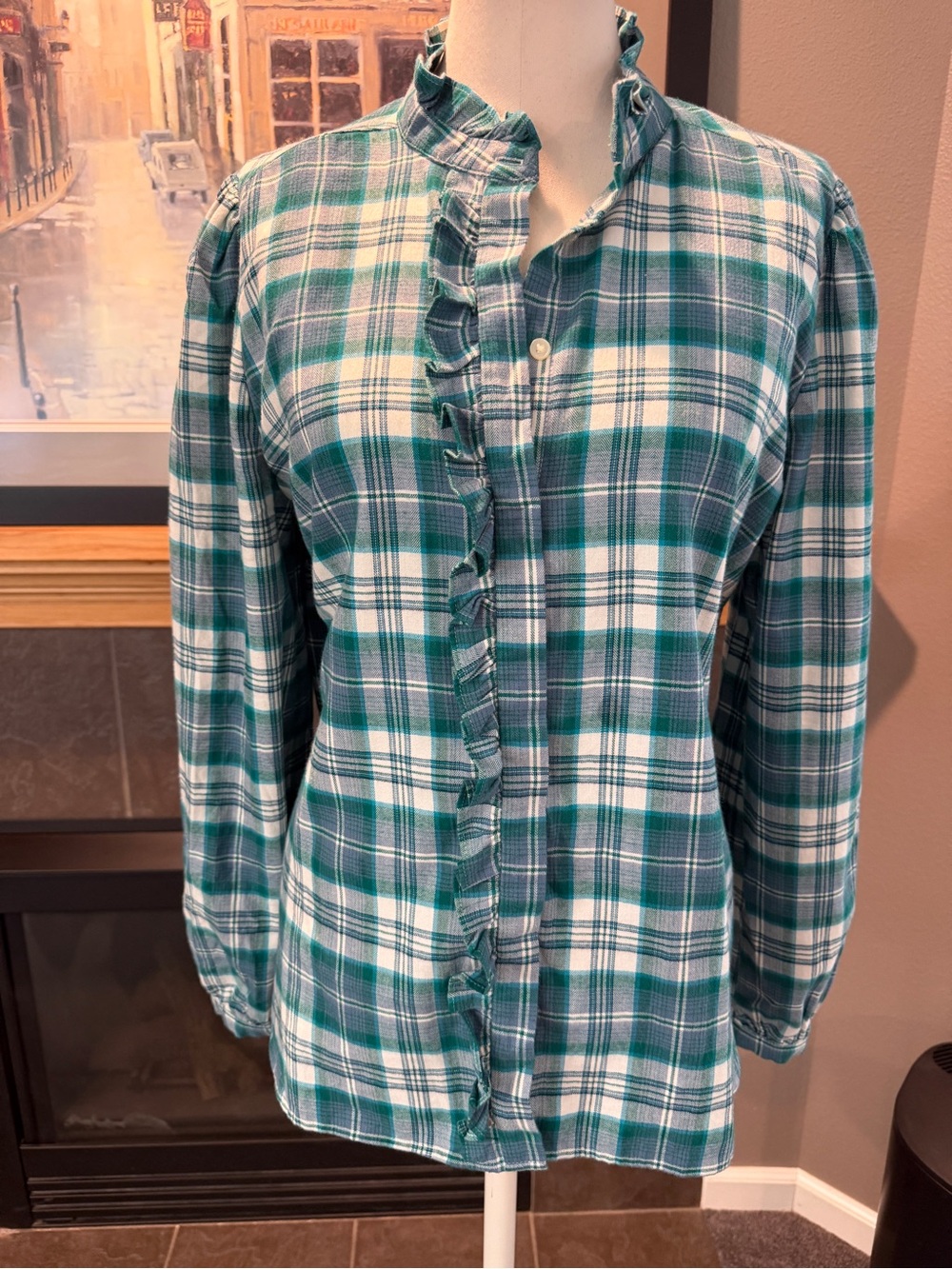 Loft Plaid Ruffle-Trim Button-Front Women's flannel in Teal and White